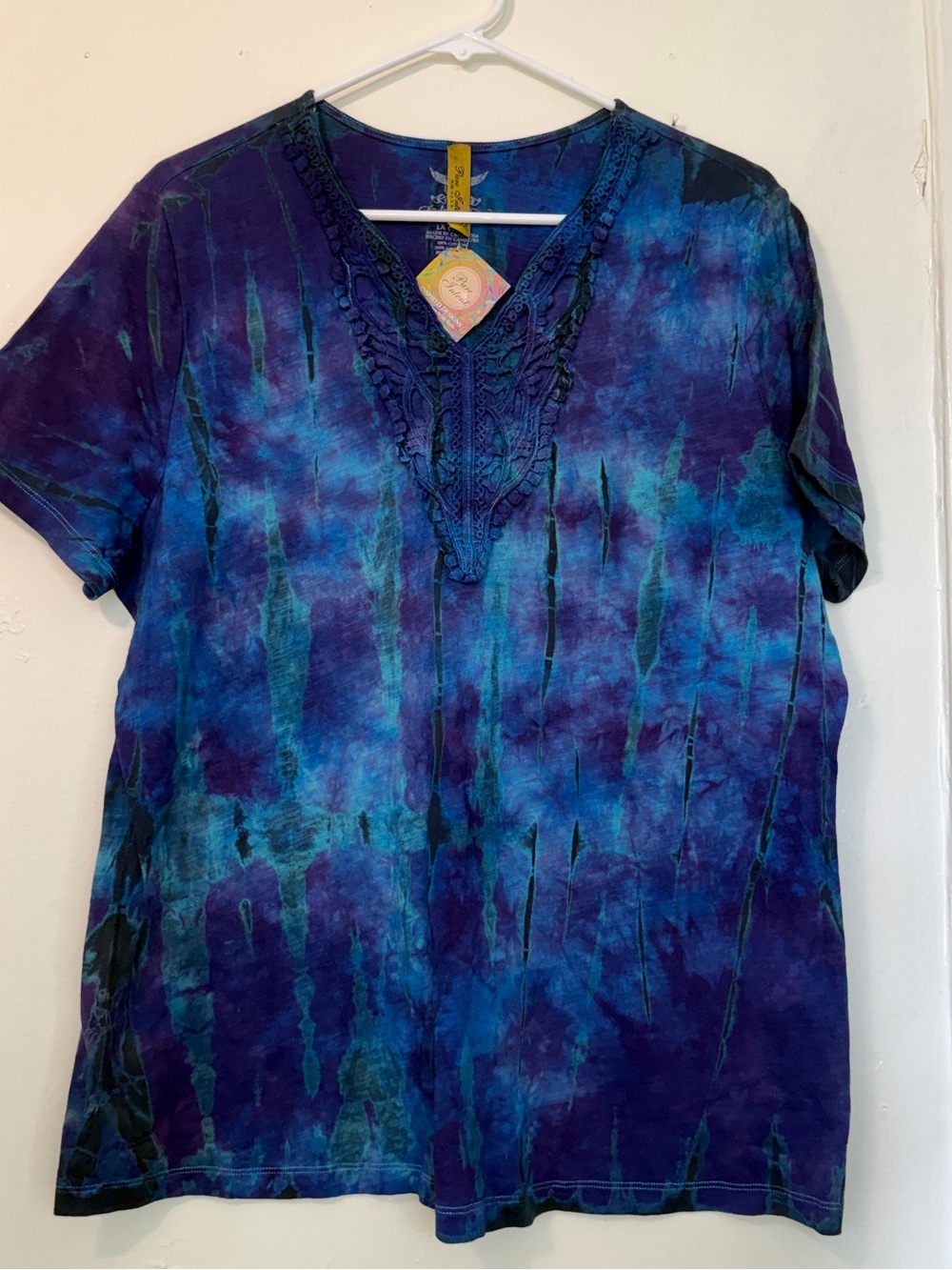 Faded Glory Boho Tie Dye Lace V-Neck Top Plus Size 1X Blue Purple Cotton